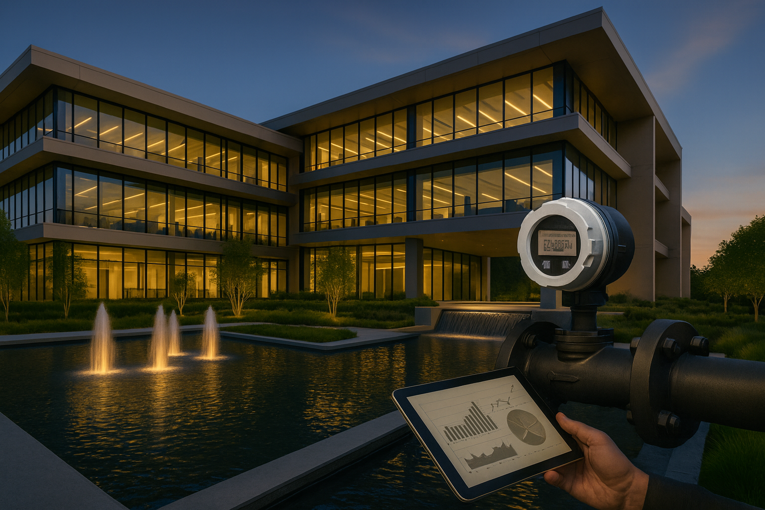 Modern building with water features